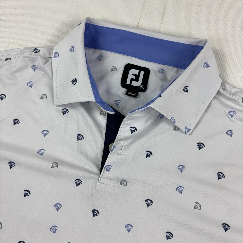 FootJoy Golf Polo Shirt Mens Medium White Beach Shell Print Short Sleeve